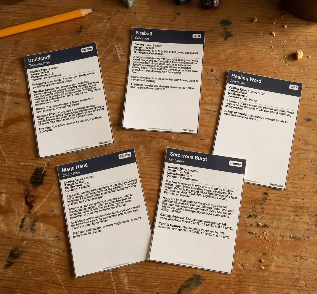 Printable D&D 5e spell cards spread out on a wooden table